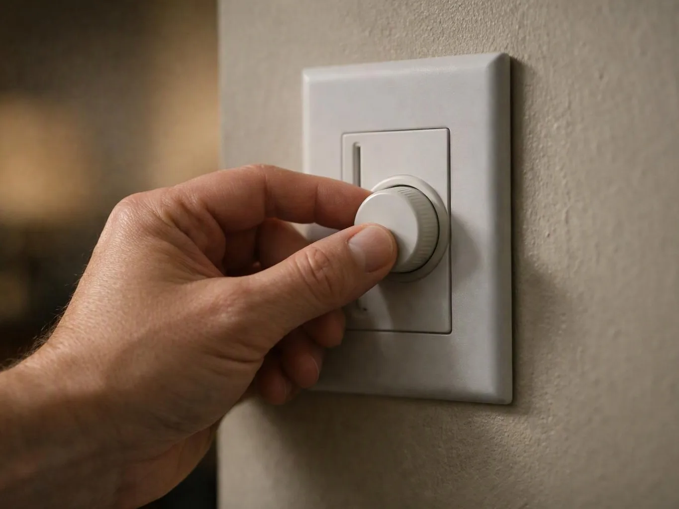 A hand turns a white dimmer knob on a beige wall switch plate indoors