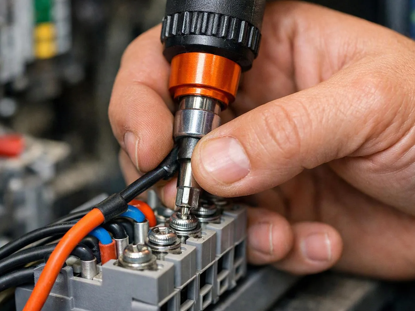 Hands tighten a screwdriver on a terminal block with colored wires in a workshop setting