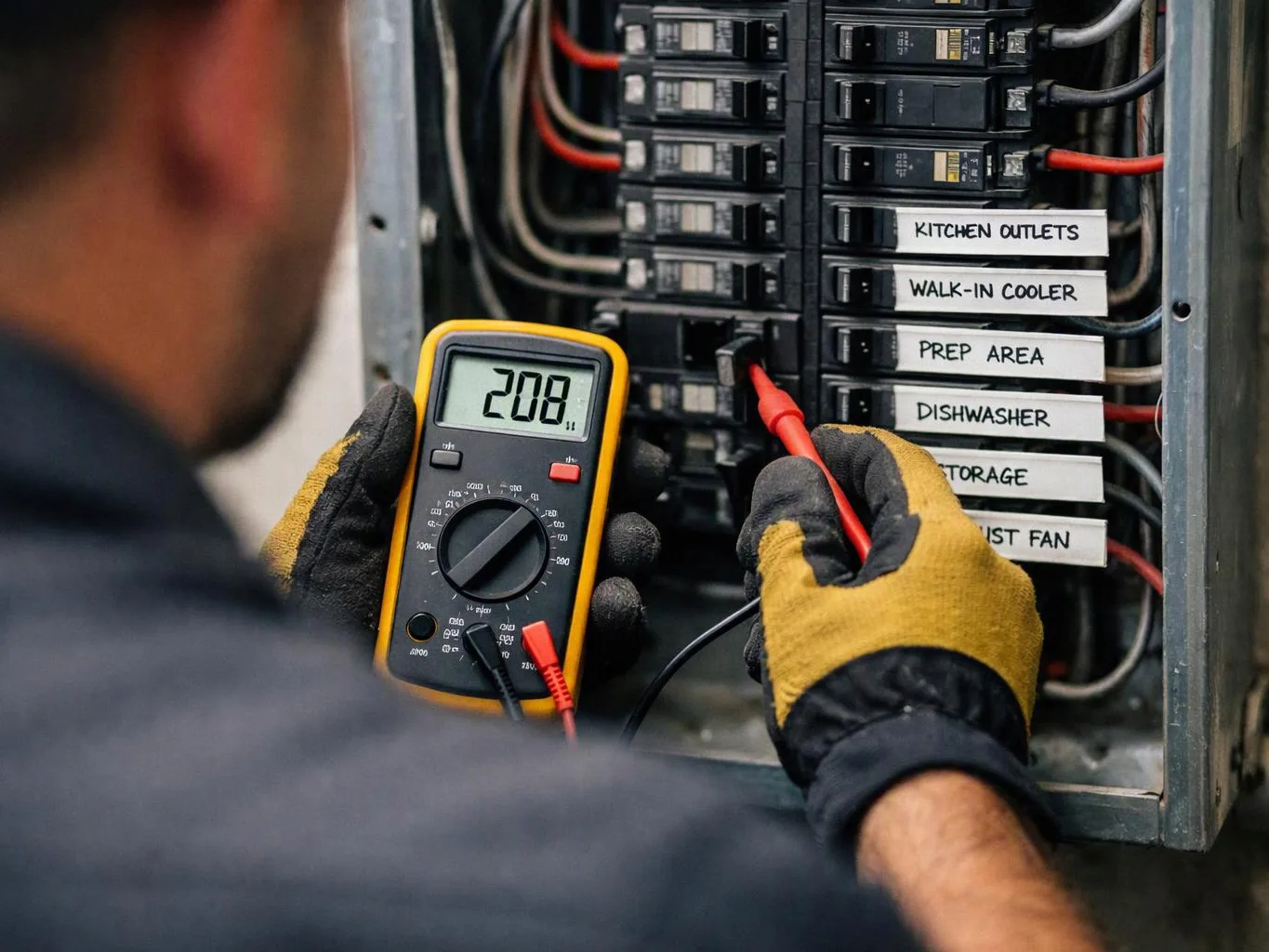 A gloved technician tests a circuit breaker panel with a digital meter, beside labeled wiring inside a metal cabinet