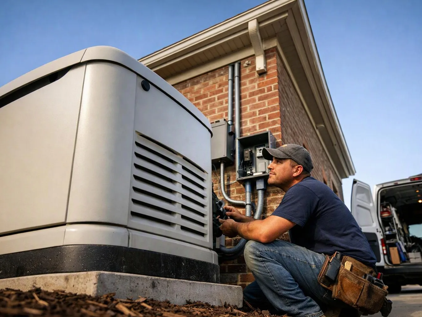 A technician kneels beside a large generator, working on wiring next to a brick house and service van