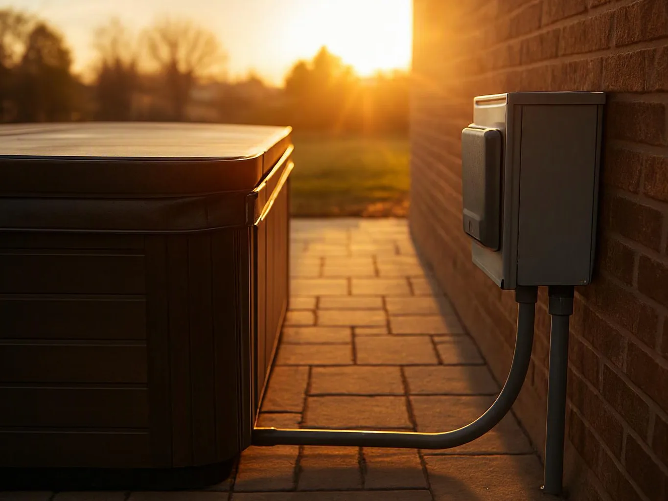 A hot tub sits beside a brick wall, connected by conduit on a sunlit patio at sunset