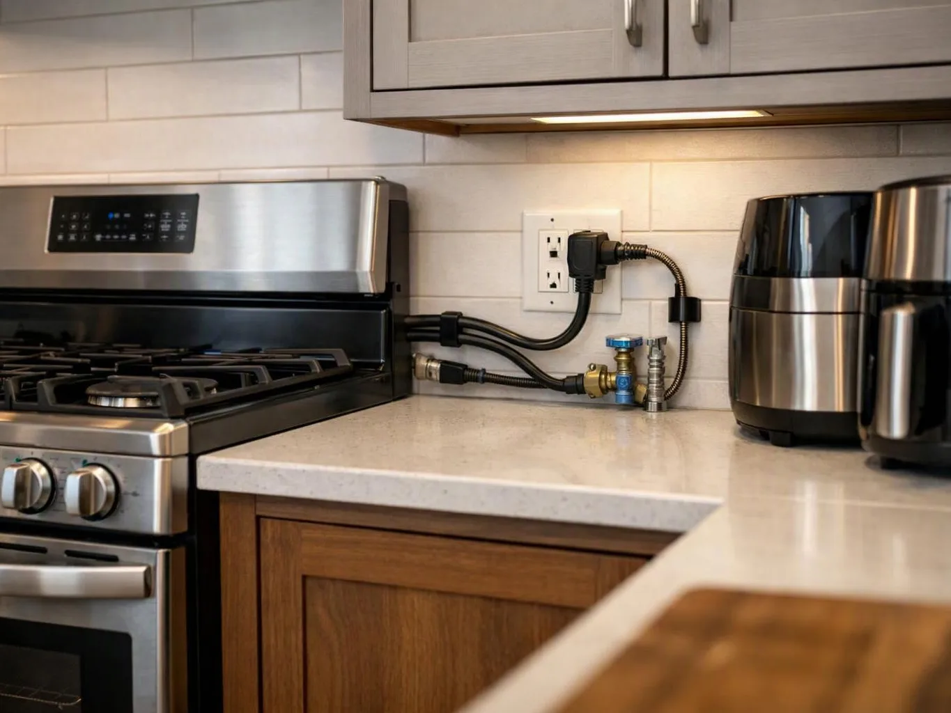 A kitchen counter beside a stainless gas stove, with water valves, outlets, and a toaster oven under cabinets
