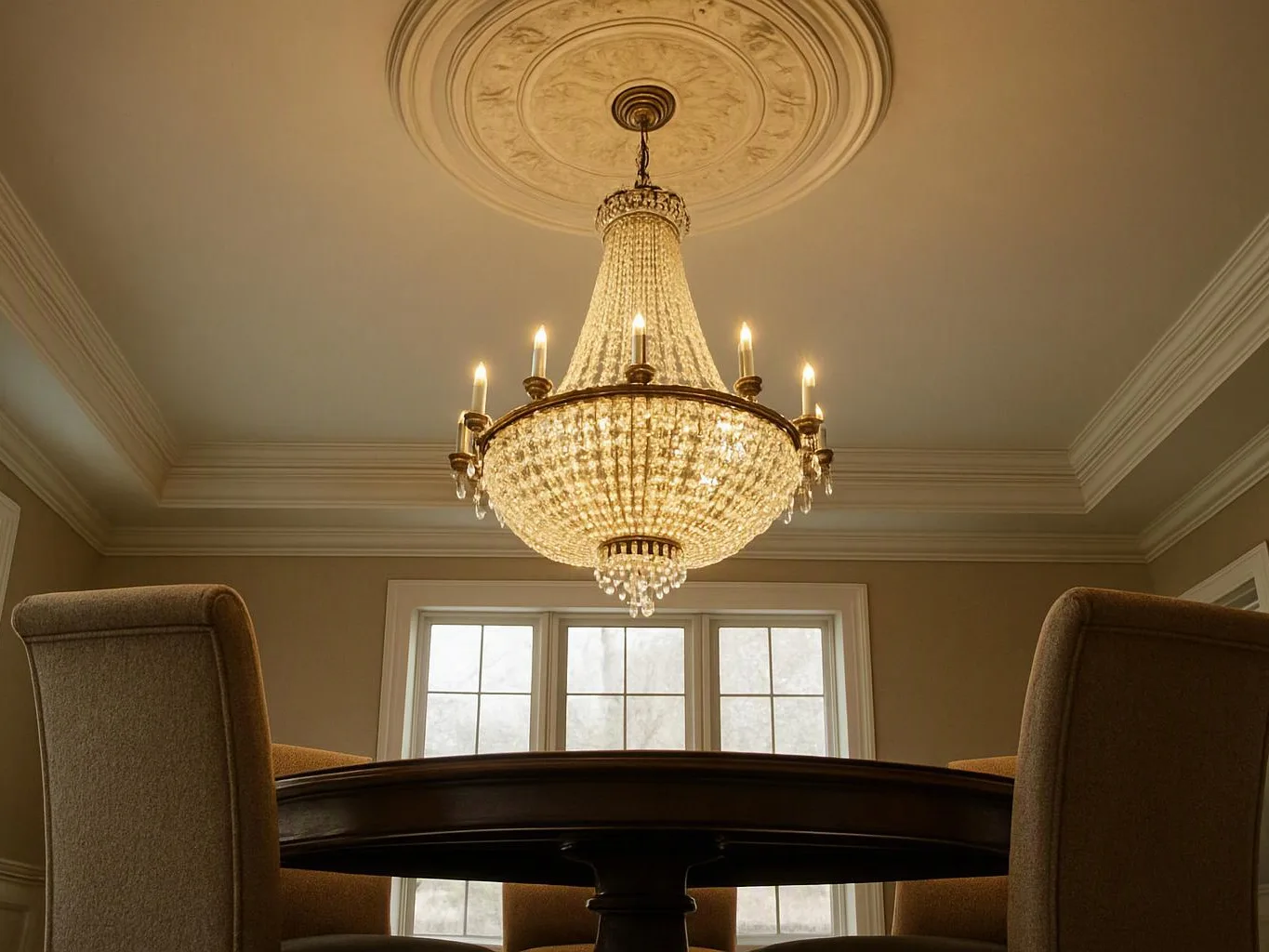 A large crystal chandelier hangs above a dark round table between two upholstered chairs in a formal room