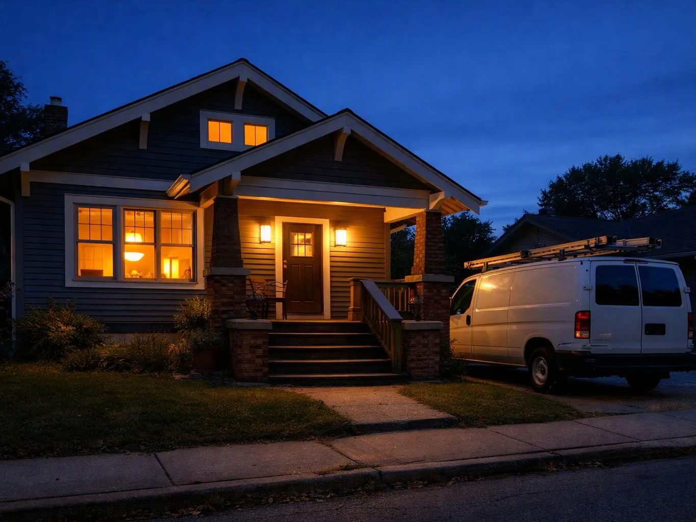 A lit house at dusk sits beside a white work van parked in the driveway