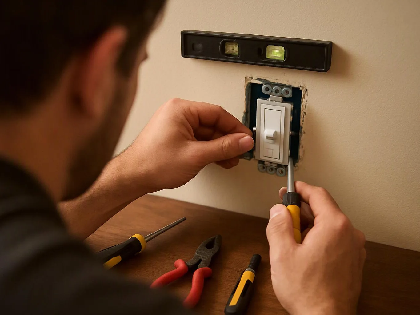A man adjusts a wall light switch with tools on a wooden table and a level above it