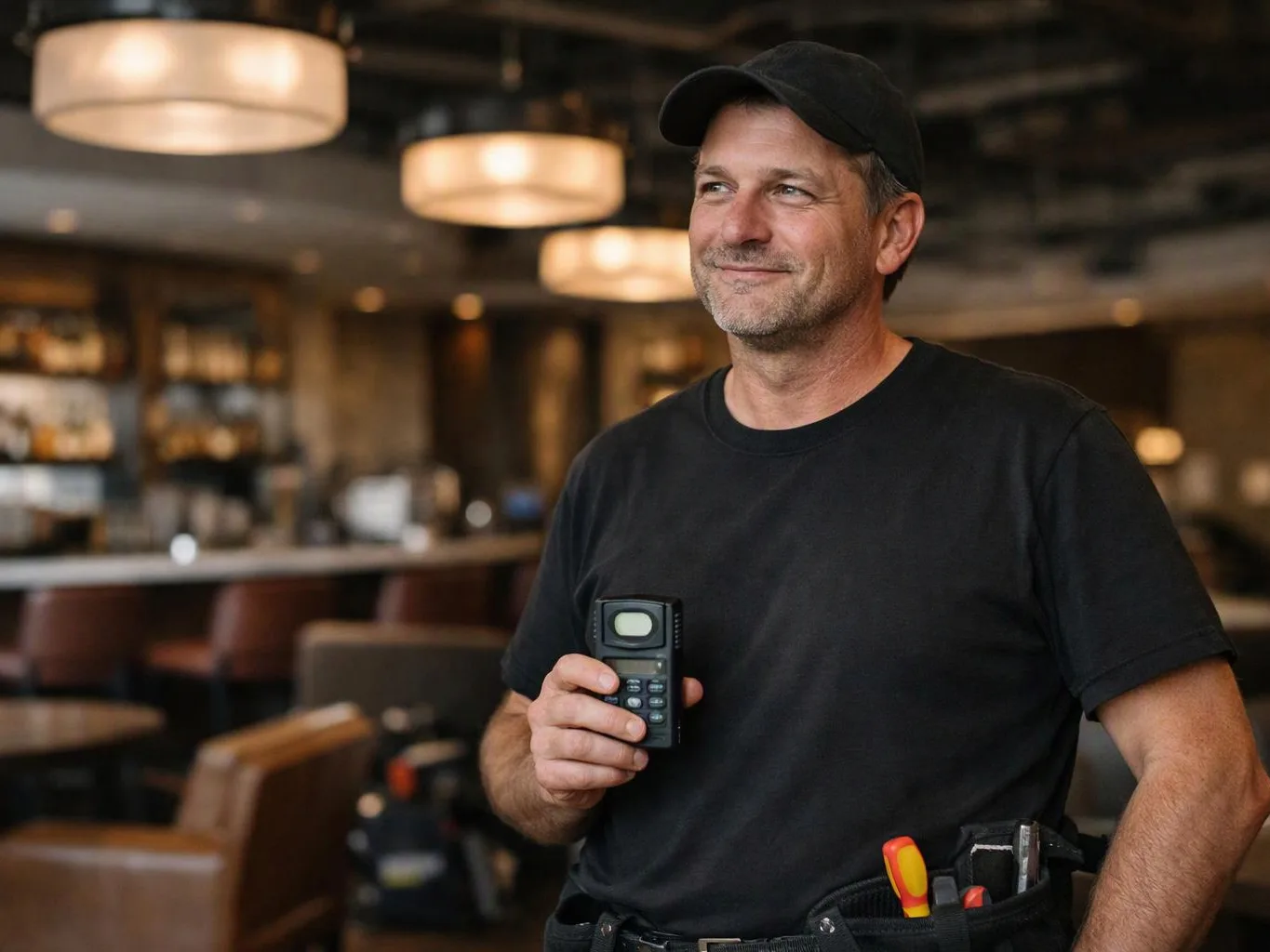 A man in a black cap holds a small device inside a dim restaurant with warm hanging lights