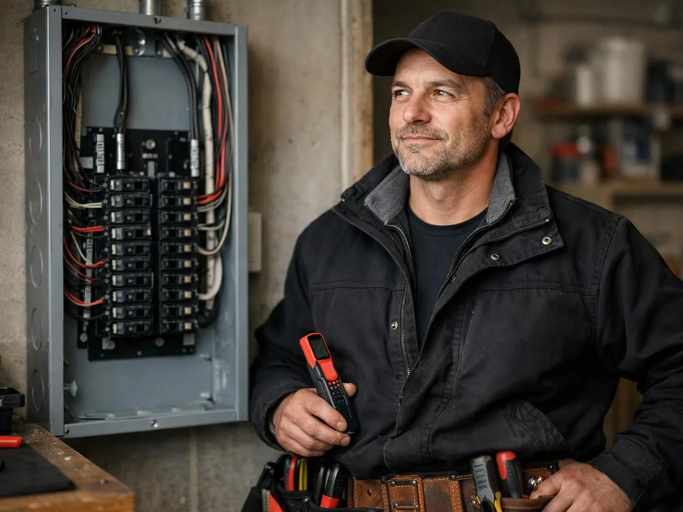 A man in a black cap stands beside an open electrical breaker panel, holding a test meter in a workshop