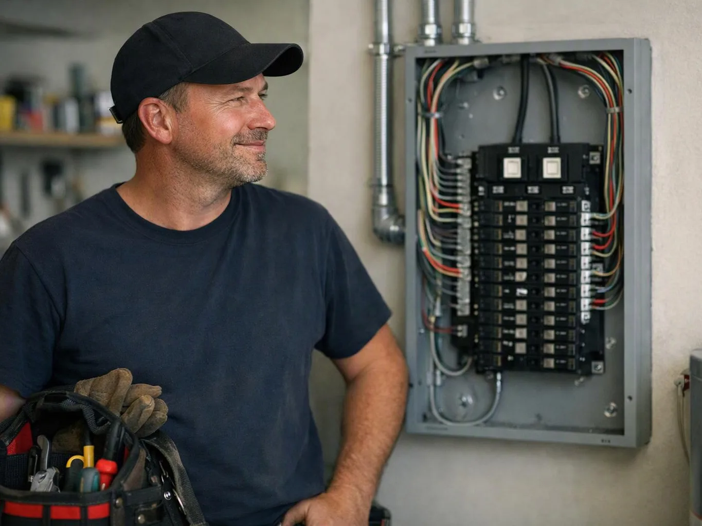 A man in a black cap stands beside an open electrical breaker panel and a tool bag