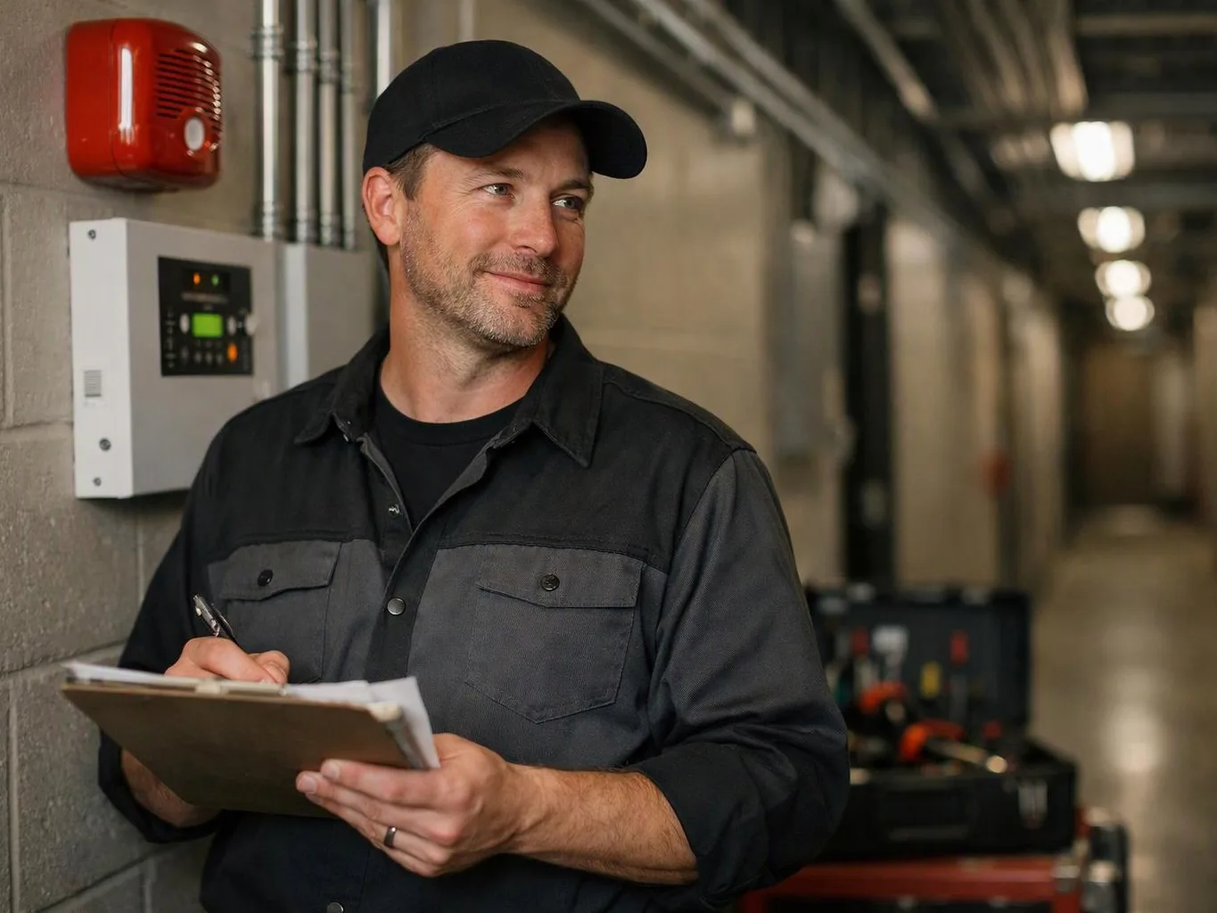 A man in a black cap writes on a clipboard in a narrow industrial hallway