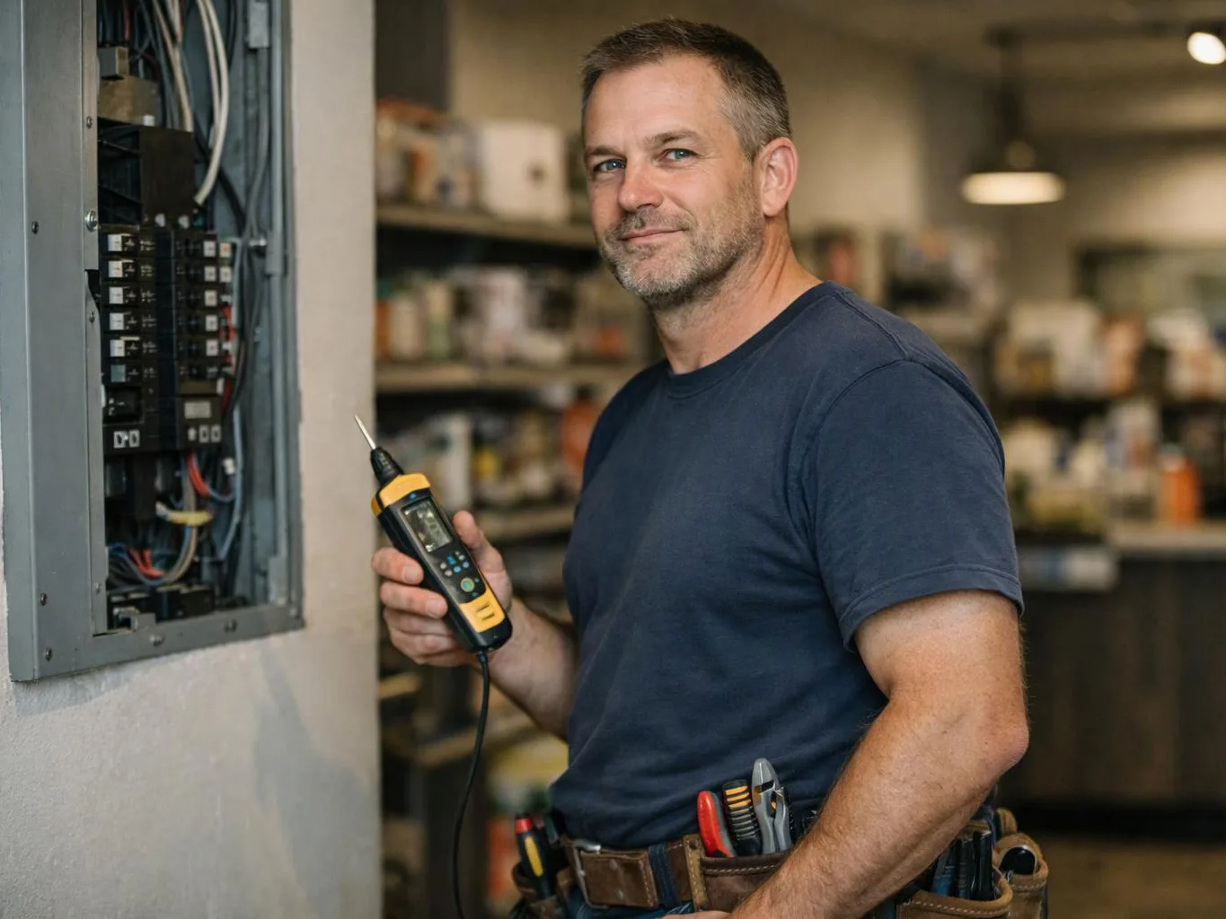A man in a blue shirt checks an open electrical panel with a handheld tester indoors