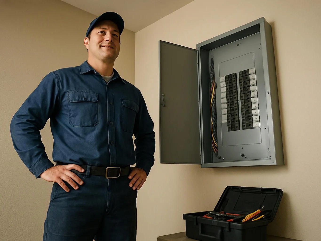 A man in a blue work uniform stands beside an open electrical breaker panel and tool case in a room