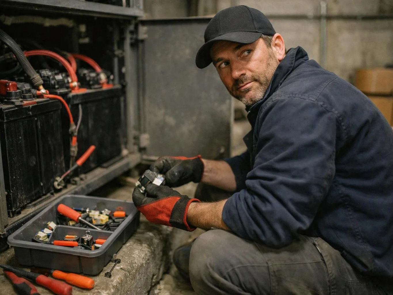 A man in a cap and gloves crouches beside battery equipment, handling small parts in a workshop