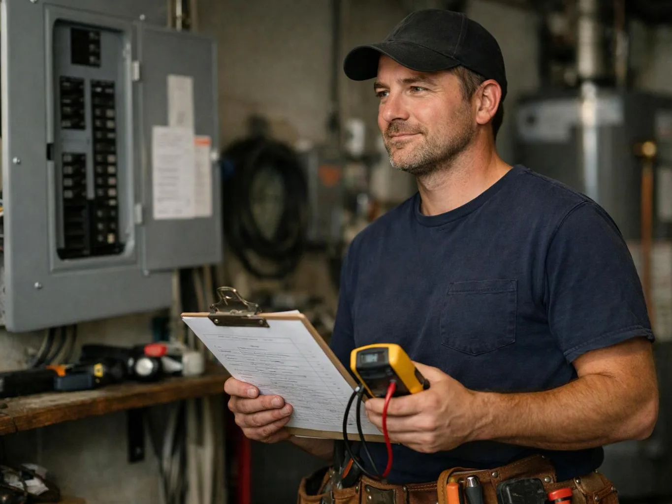 A man in a cap holds a clipboard and testing device beside an electrical panel in a workshop