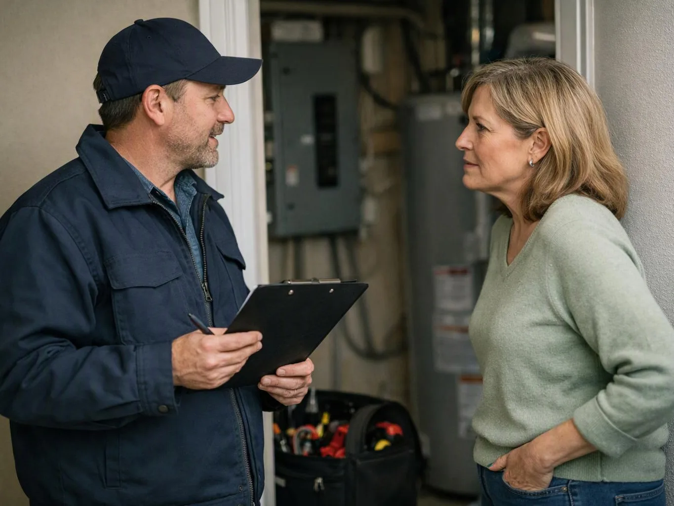 A man in a cap holds a clipboard while talking with a woman at a doorway, with utility equipment behind them