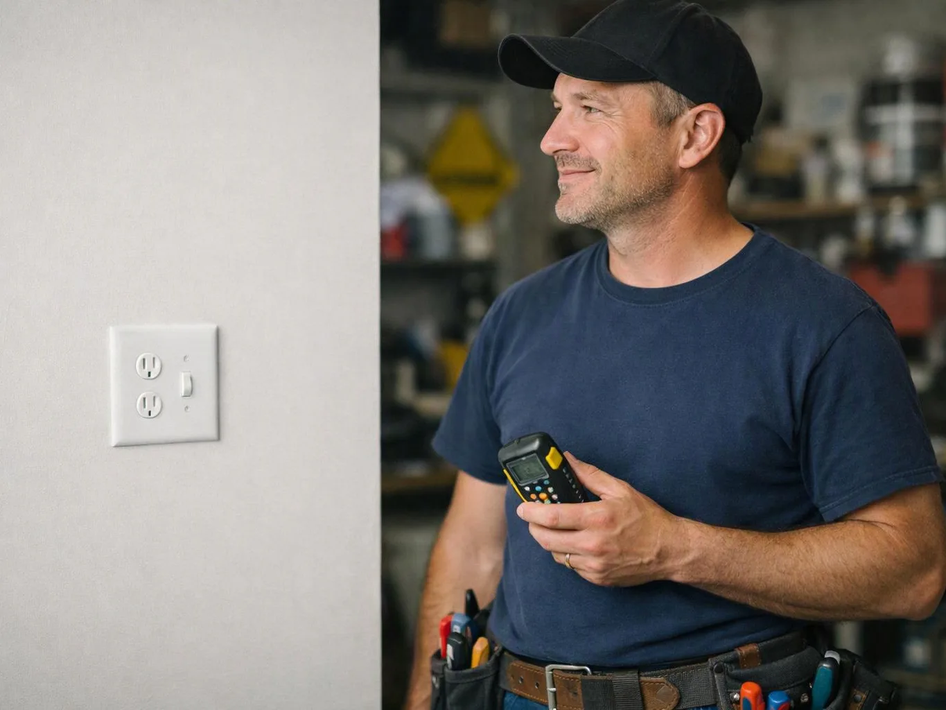 A man in a cap holds a handheld meter beside a wall outlet in a workshop