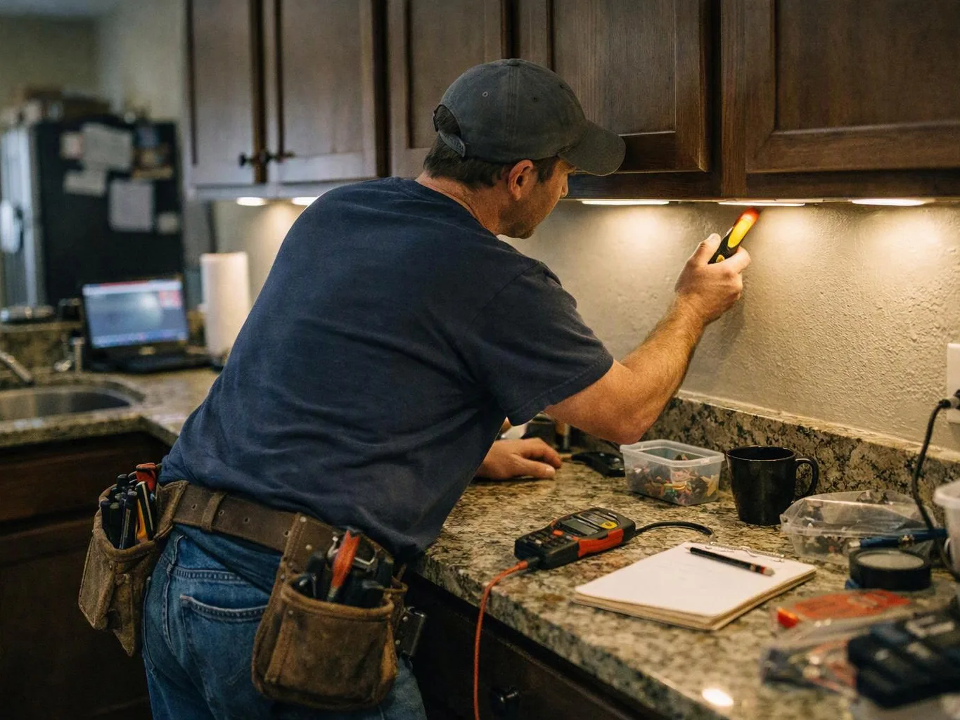 A man in a cap inspects under-cabinet lighting in a kitchen while carrying tools on his belt