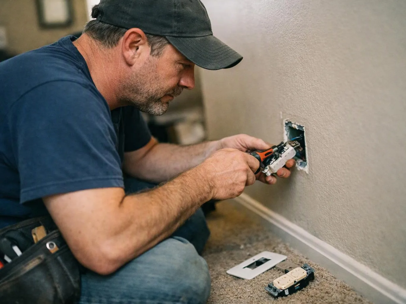 A man in a cap installs an electrical outlet into a wall while kneeling on carpet