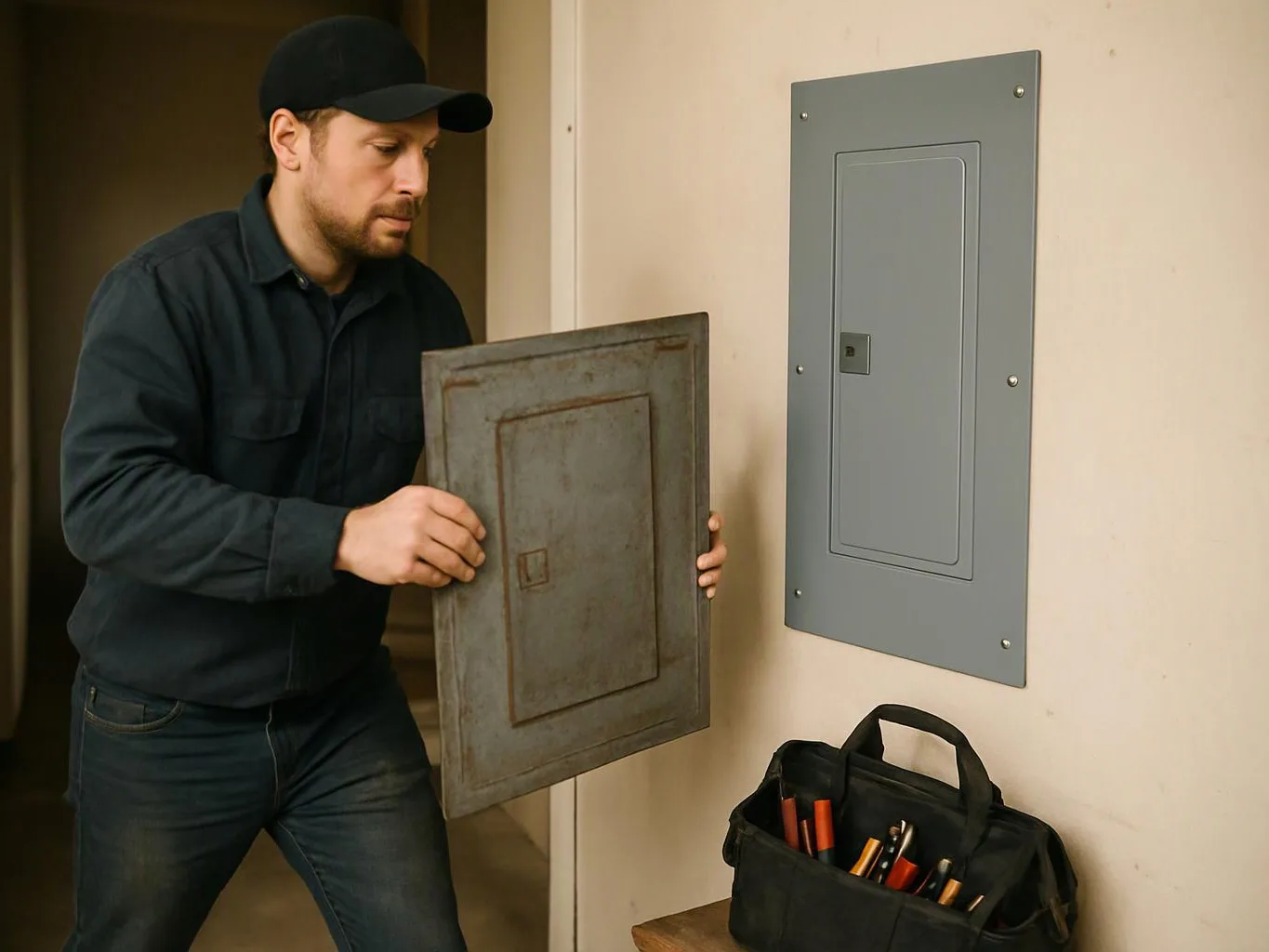 A man in a cap installs a metal panel beside an electrical box, with a tool bag on the floor
