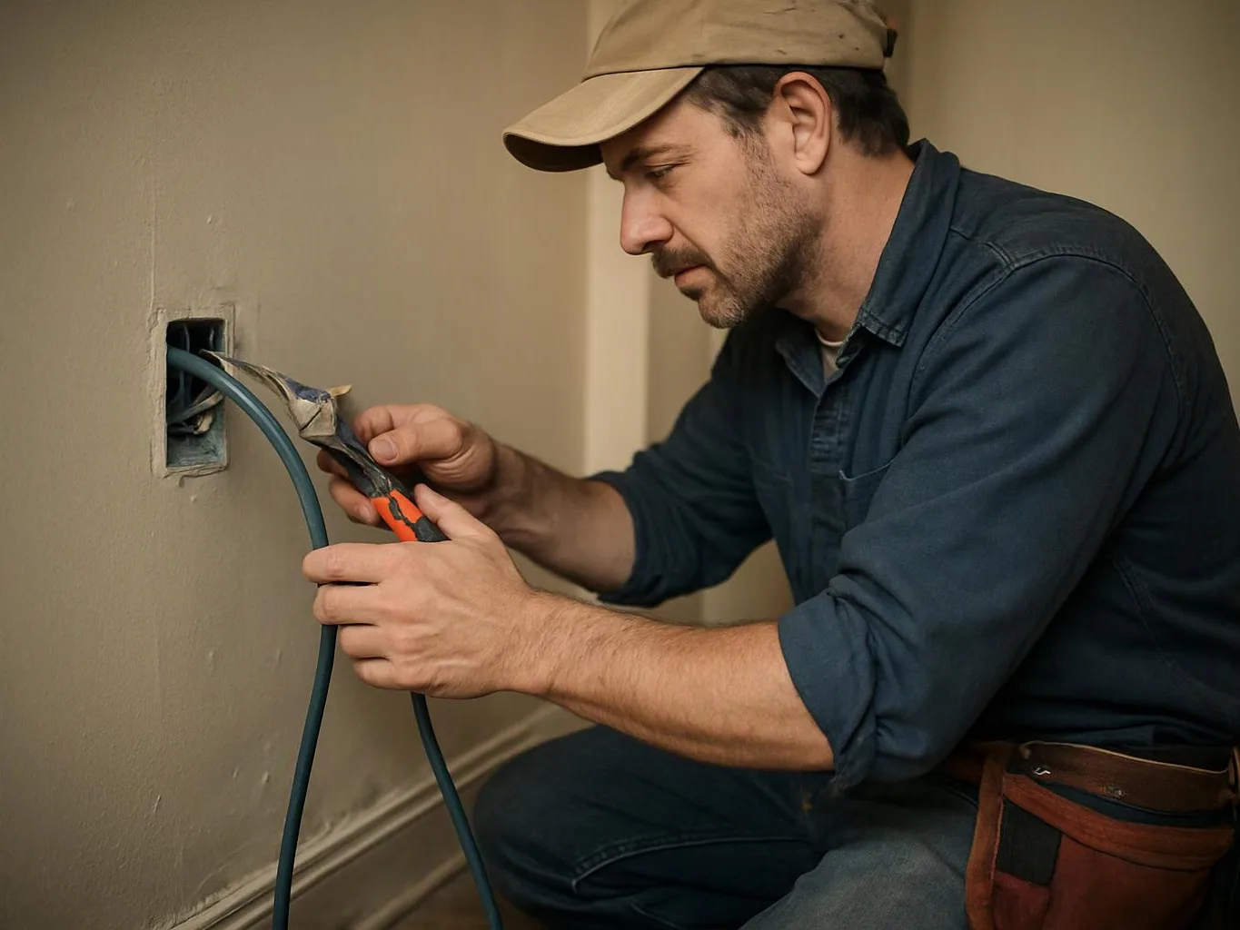 A man in a cap kneels by a wall outlet, using pliers to work on a blue cable