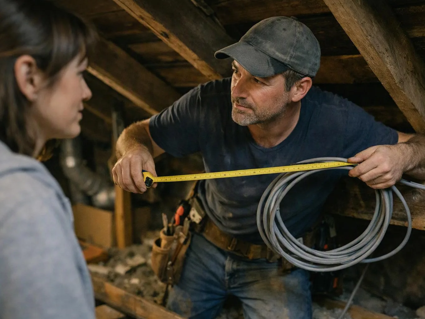 A man in a cap measures space with a tape, holding coiled cable, while speaking to a woman in a crawlspace