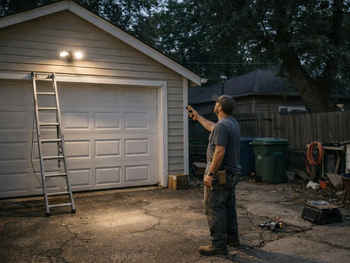 A man in a cap points a remote at lit garage lights beside a ladder in a driveway