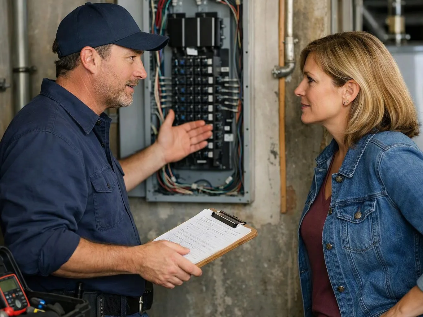 A man in a cap shows a clipboard while talking with a woman beside an open electrical panel