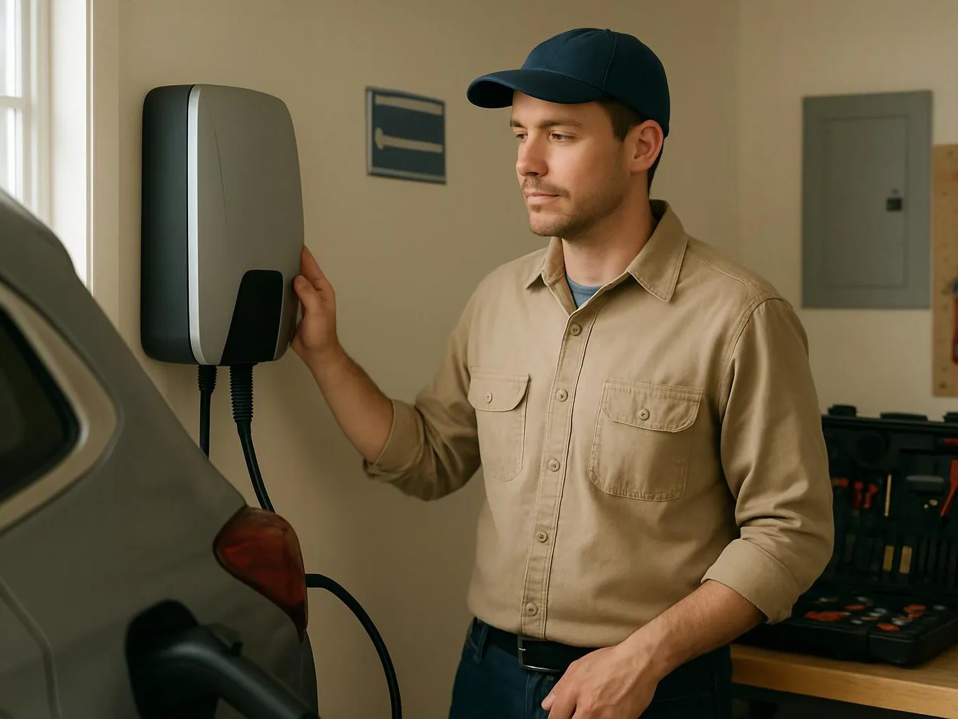 A man in a cap stands beside an electric car charger in a garage, touching the unit