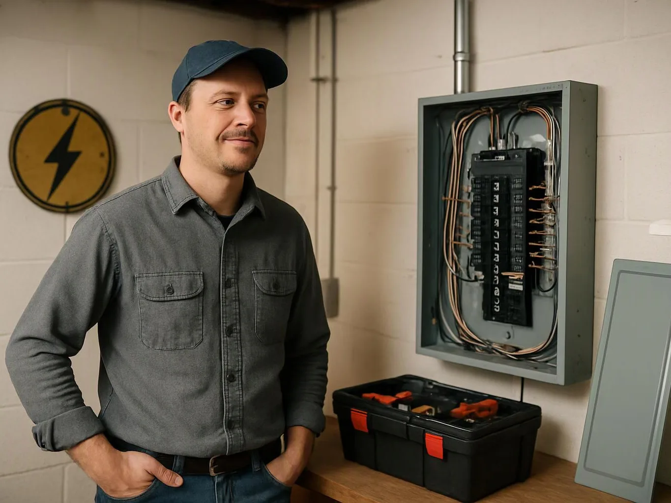A man in a cap stands beside an open electrical panel with tools on a workbench in a utility room