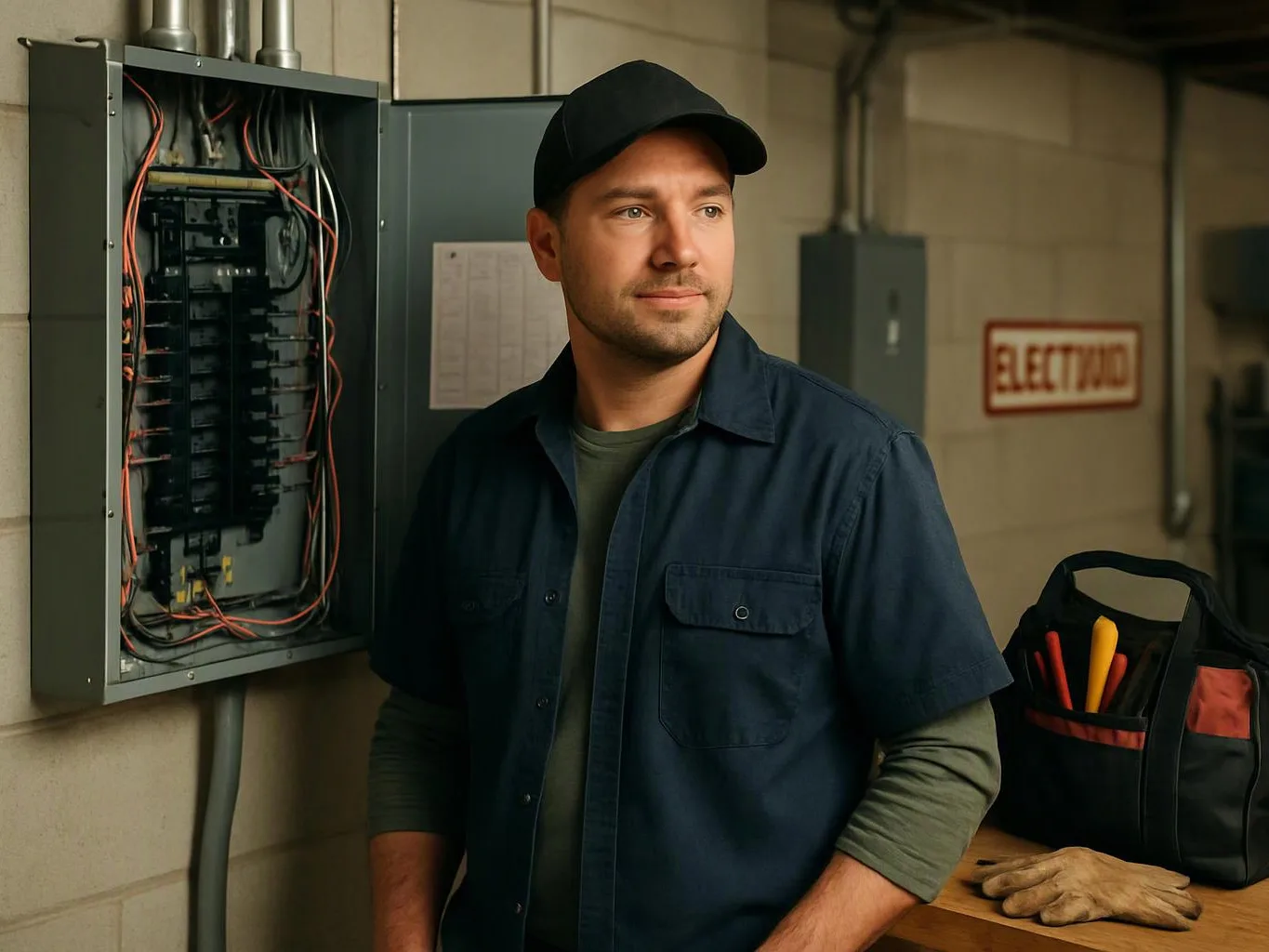 A man in a cap stands beside an open electrical panel, with tools and gloves on a workbench