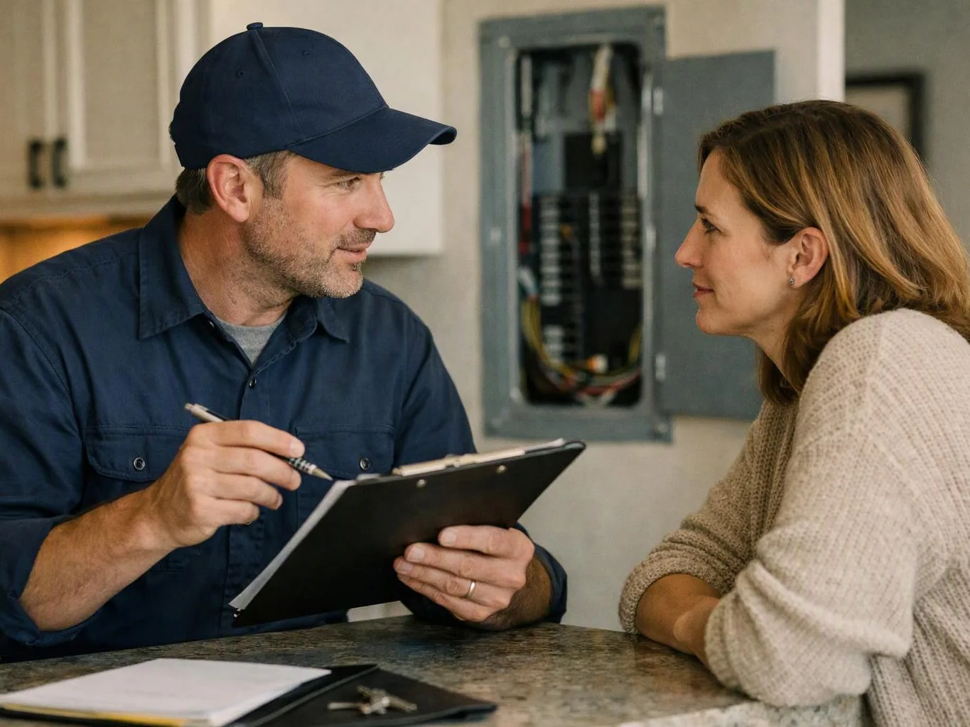 A man in a cap talks with a woman at a counter while holding a clipboard and pen, with an open electrical panel behind them