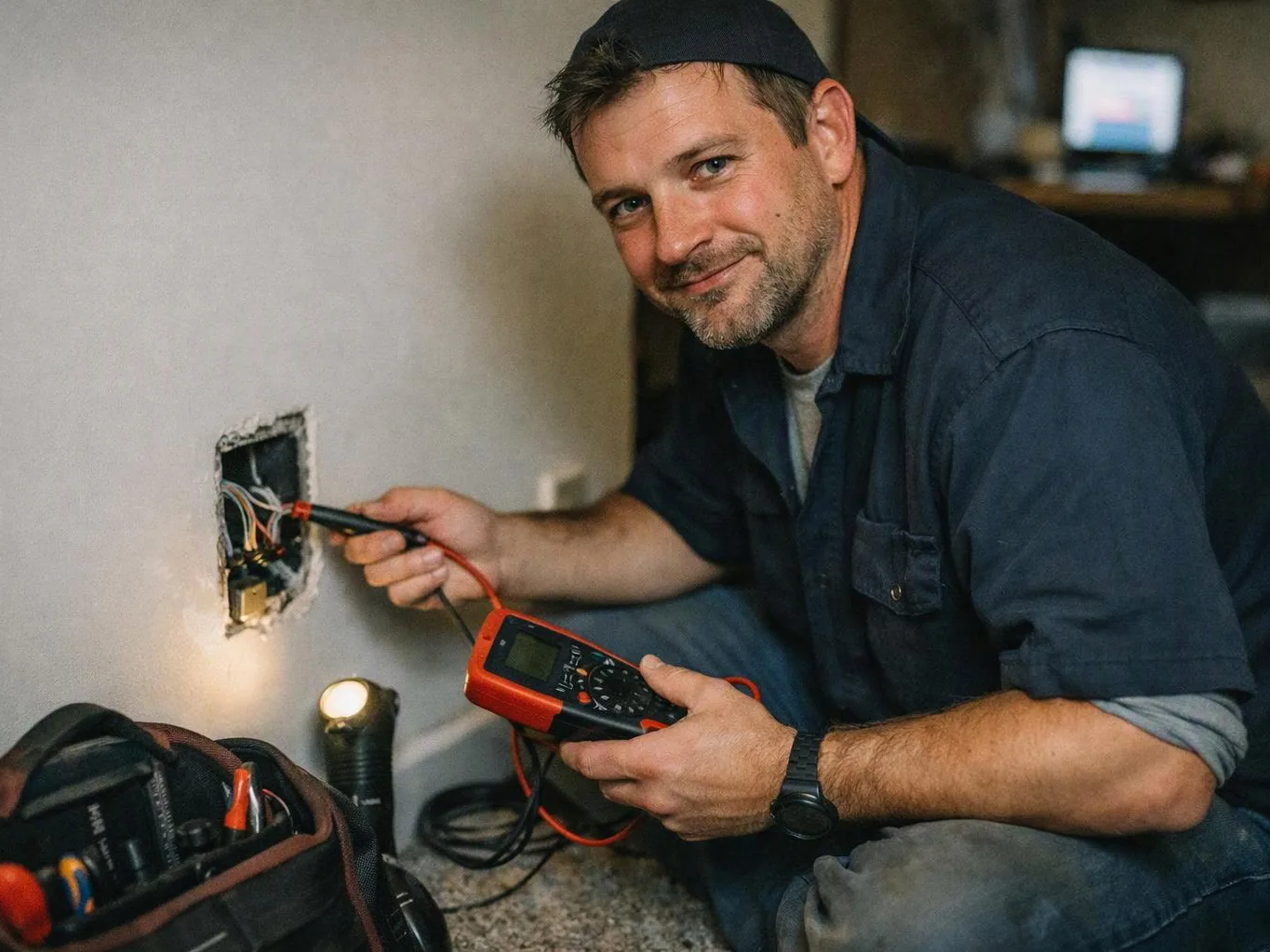 A man in a cap tests exposed wall wiring with a multimeter while kneeling indoors