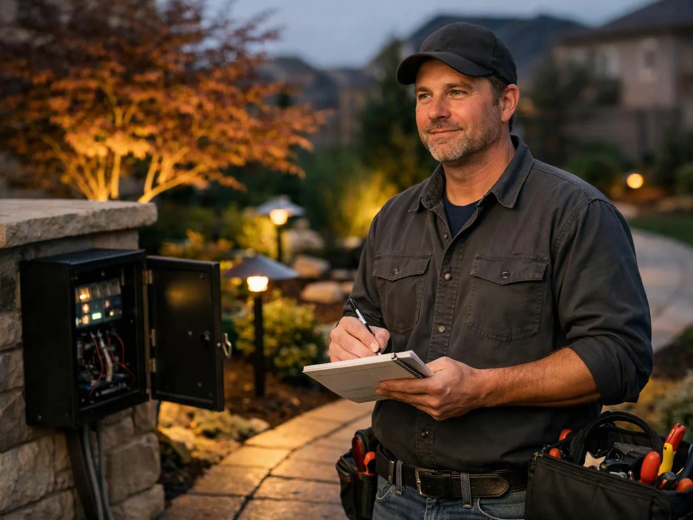 A man in a cap writes on a notepad beside an open electrical control box in a lit garden at dusk