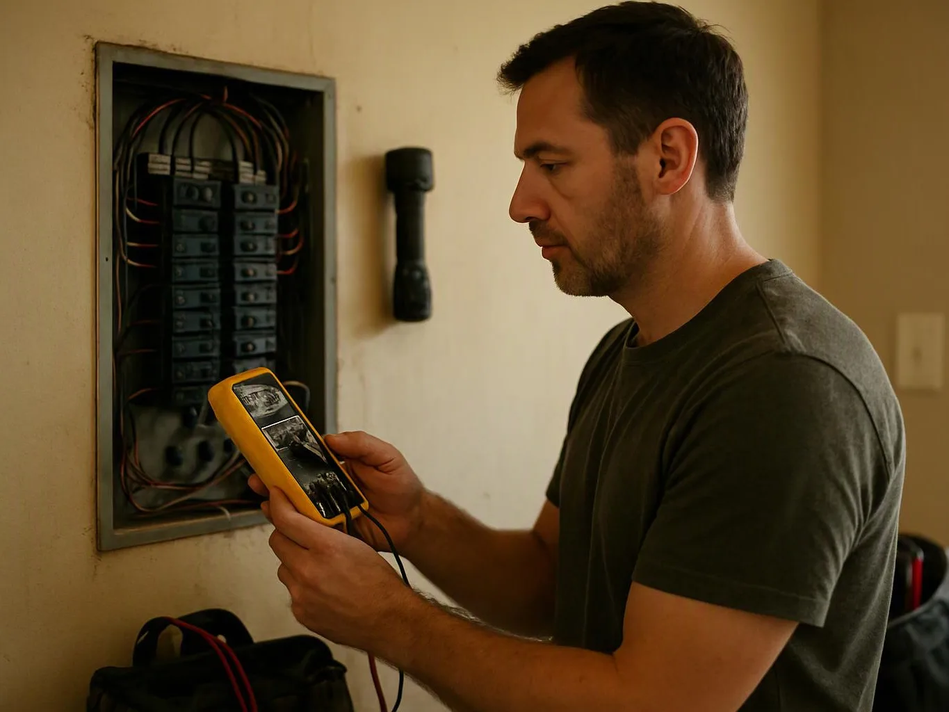 A man checks an open electrical panel with a yellow meter in a beige room