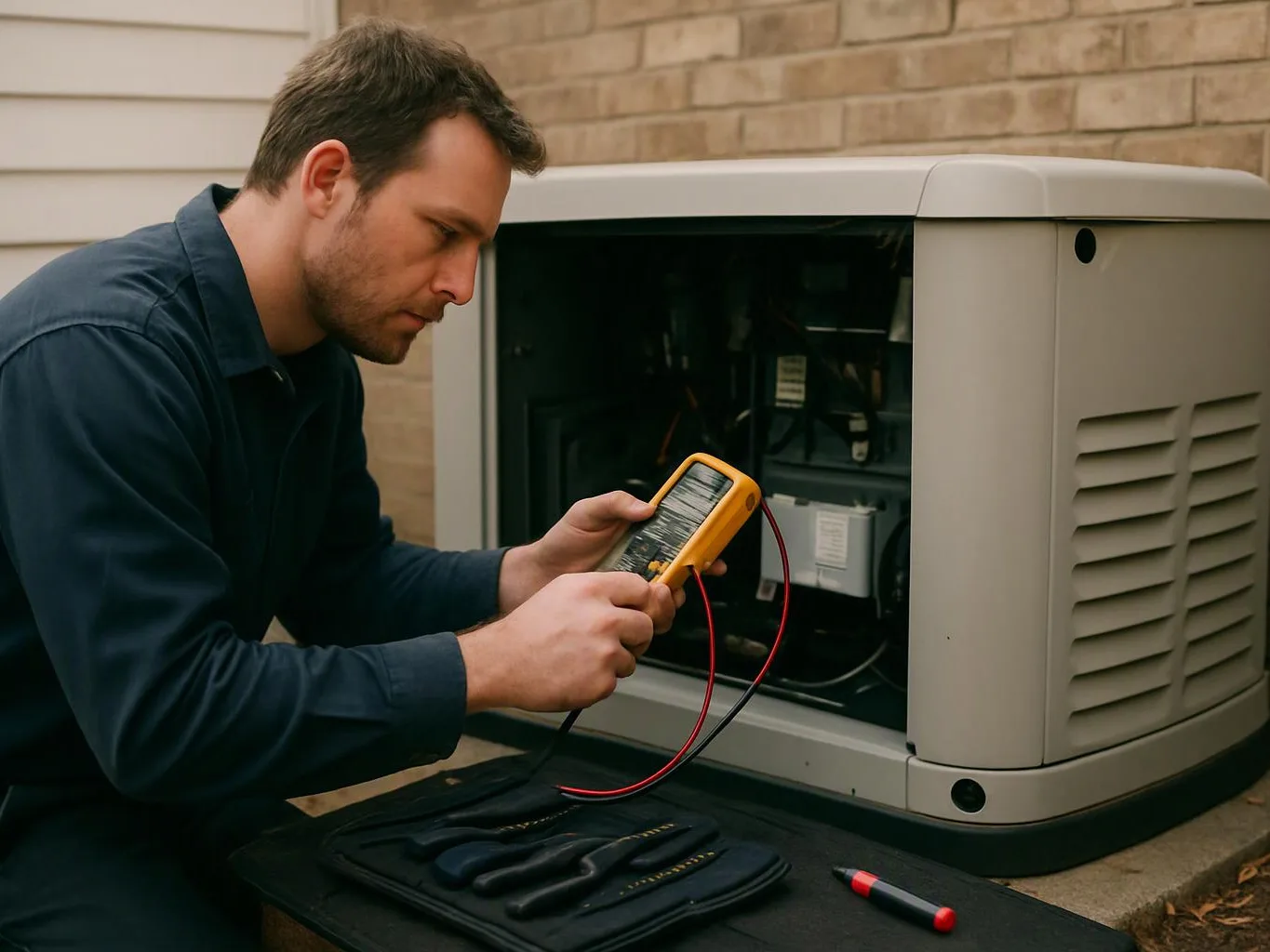 A man checks an open generator with a multimeter beside a tool case outdoors