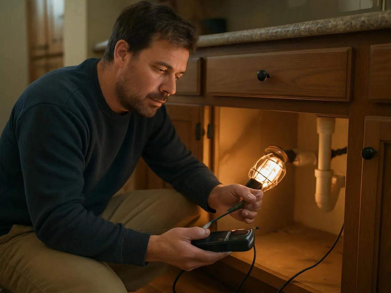 A man crouches under a kitchen sink, checking a lit bulb with a handheld meter in a wooden cabinet opening