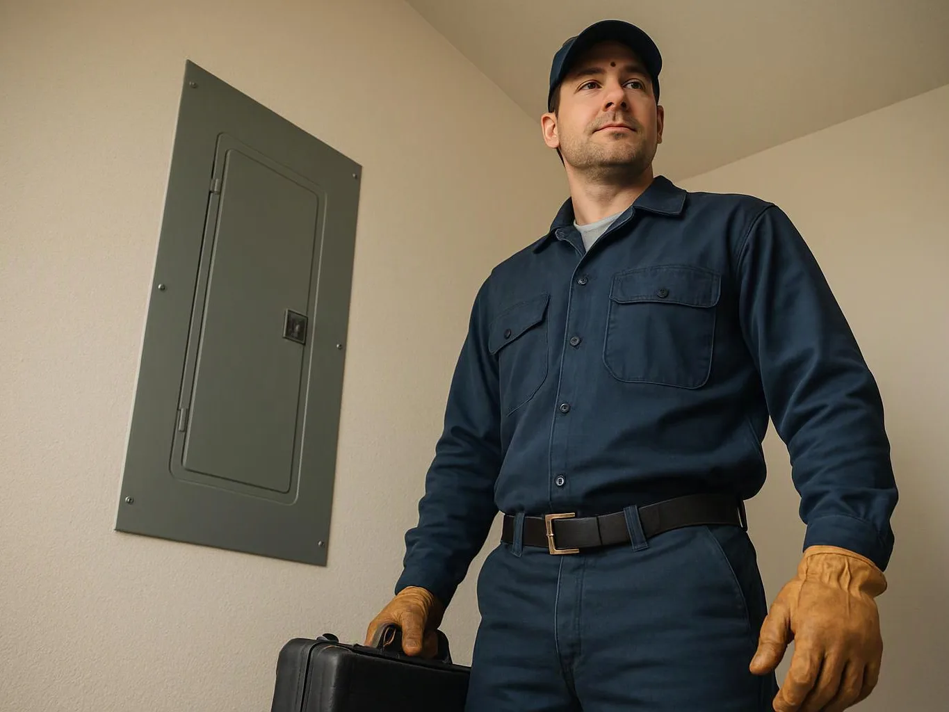 A man in a dark work uniform and cap stands indoors beside an electrical panel, holding a black case