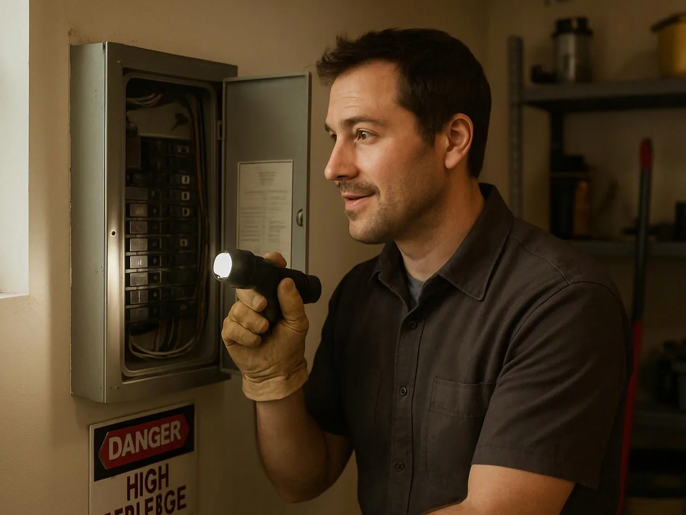 A man in a dim utility room inspects an open electrical panel with a flashlight