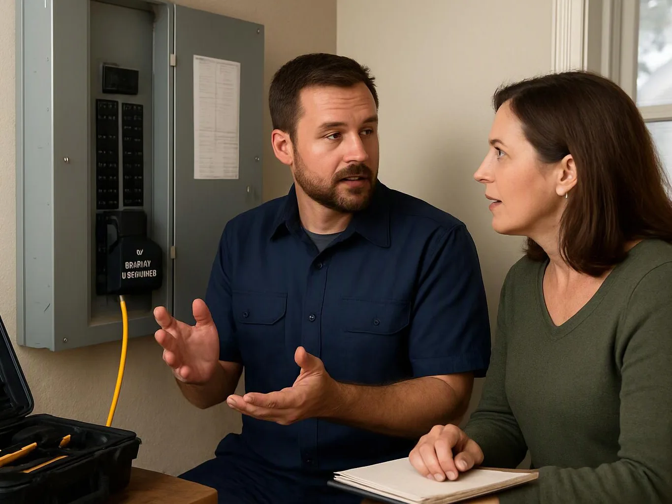 A man gestures while talking to a woman beside an open electrical panel in a small room