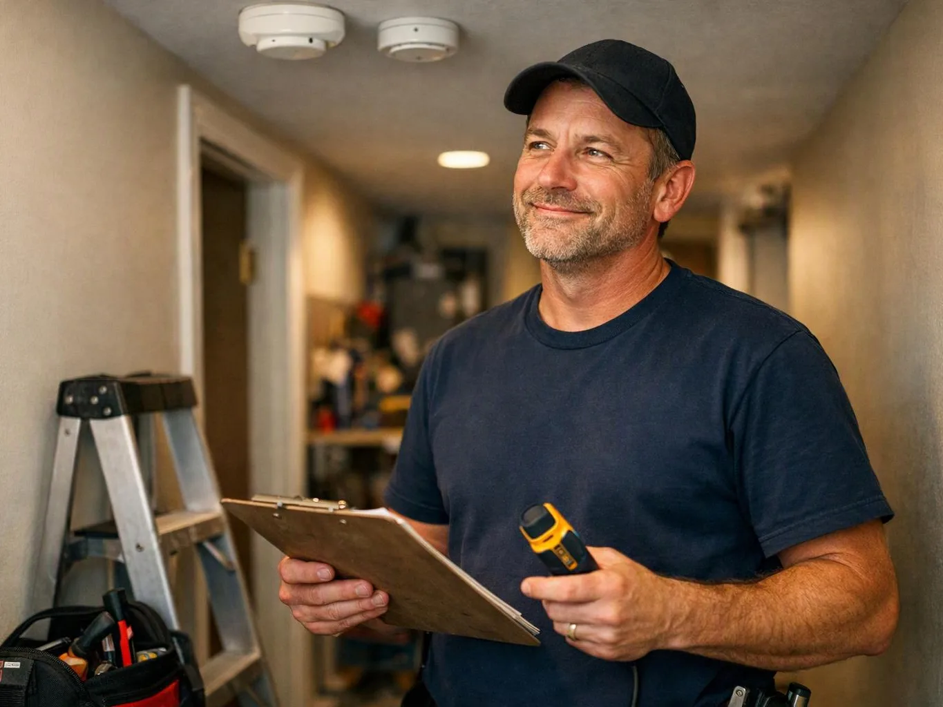 A man in a hallway holds a clipboard and a handheld device beside a step ladder