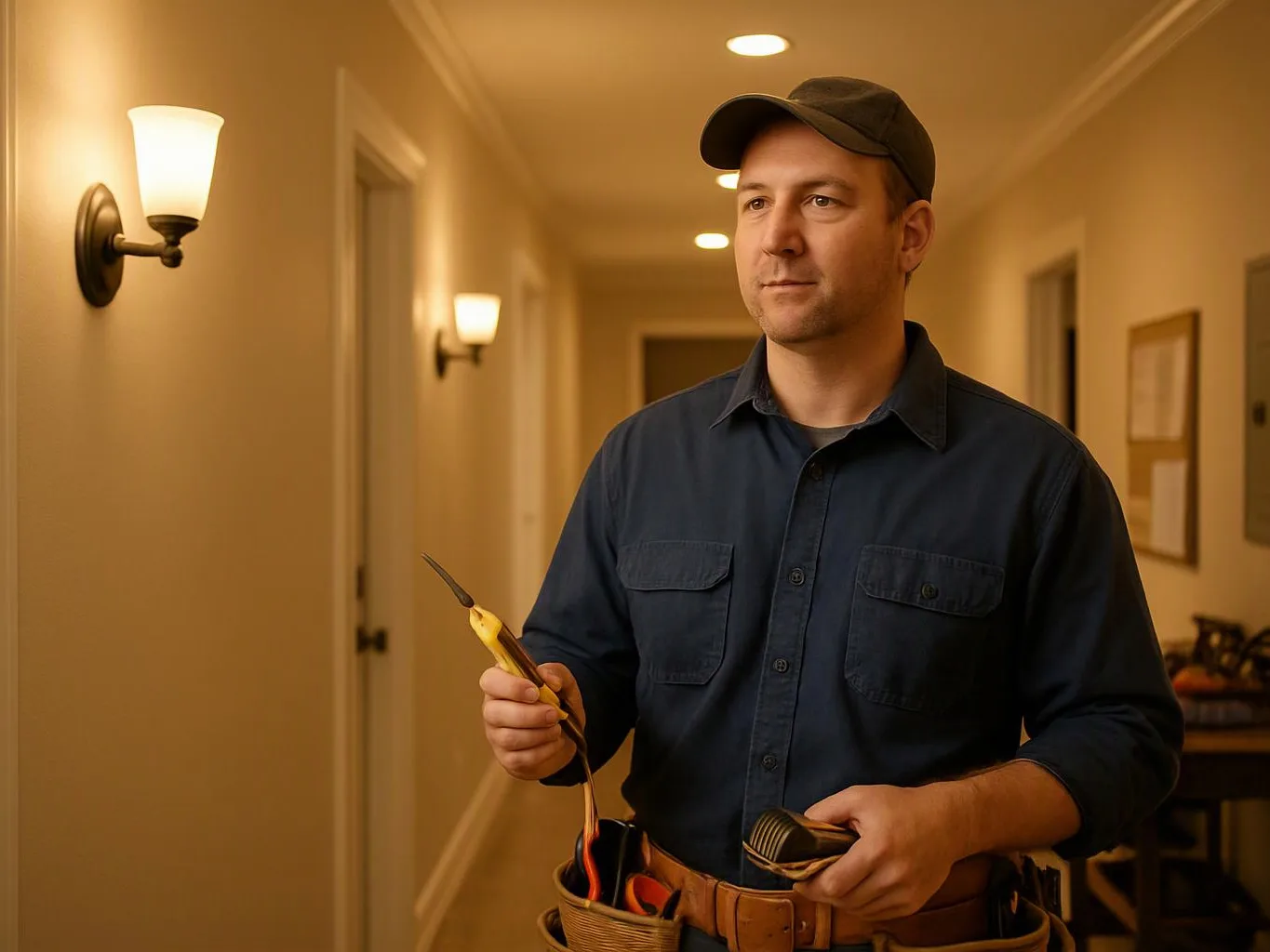 A man in a hallway holds a screwdriver and tape measure while standing near wall lights