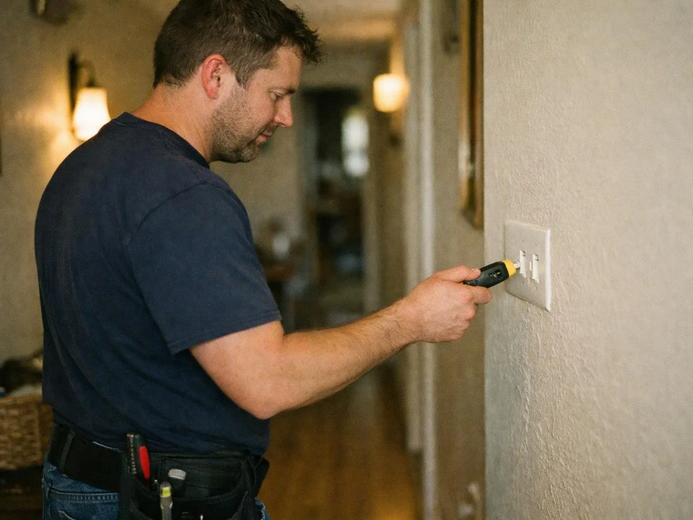 A man in a hallway tests a wall light switch with a voltage tester