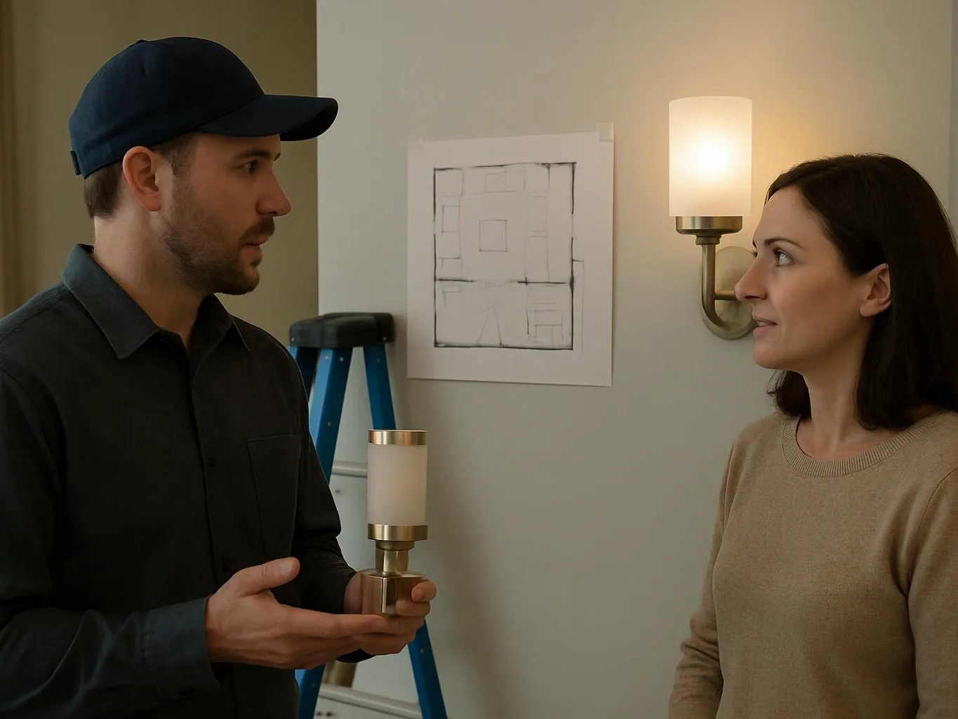 A man holds a small lamp while talking to a woman in a room with wall sketches and a ladder