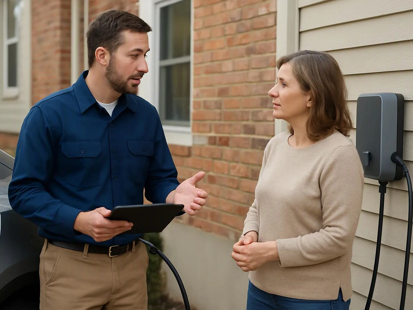 A man holds a tablet while speaking to a woman beside a wall-mounted charging unit outside a house
