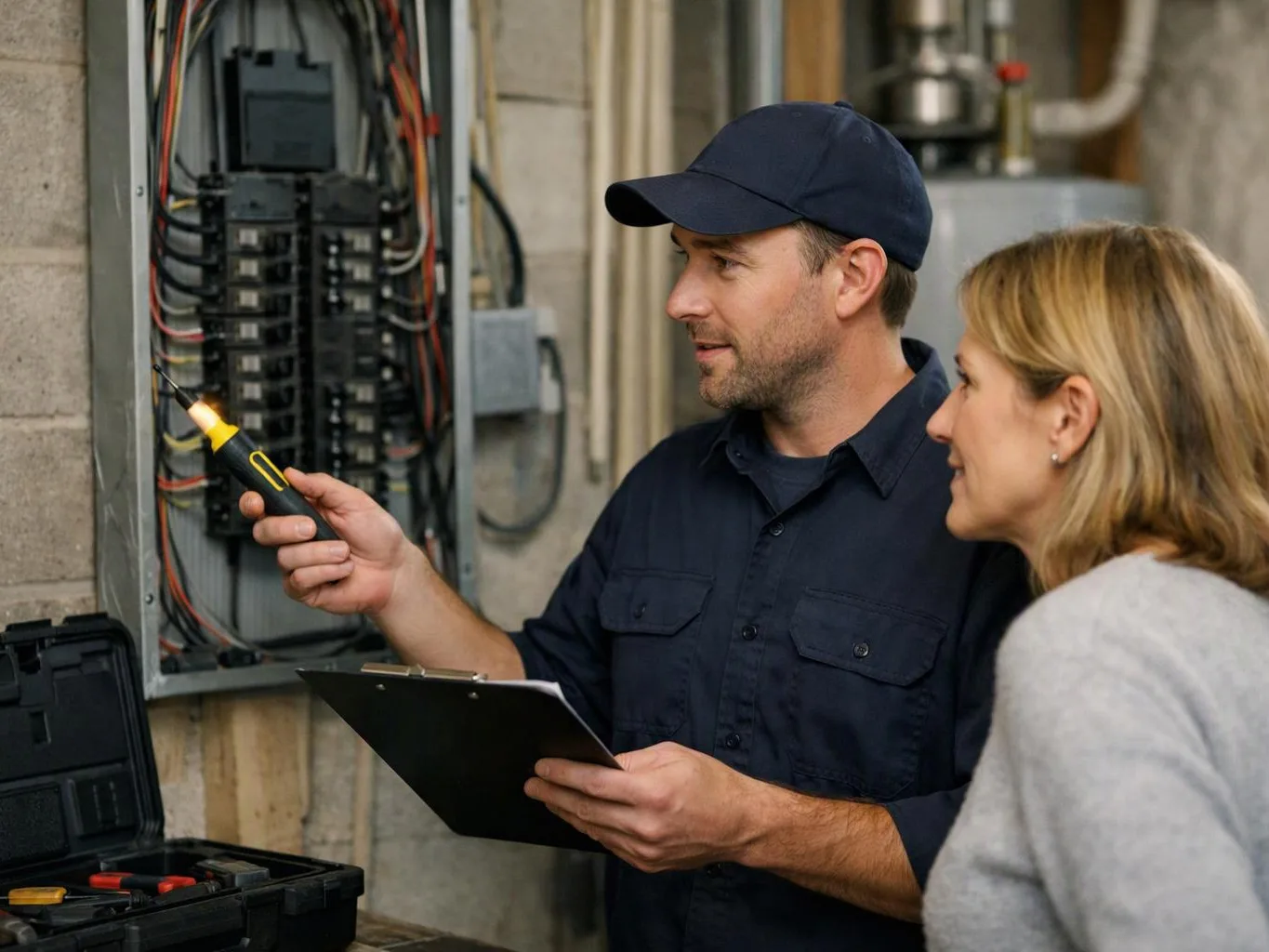 A man inspects an open electrical panel with a tester while holding a clipboard beside a woman in a utility room