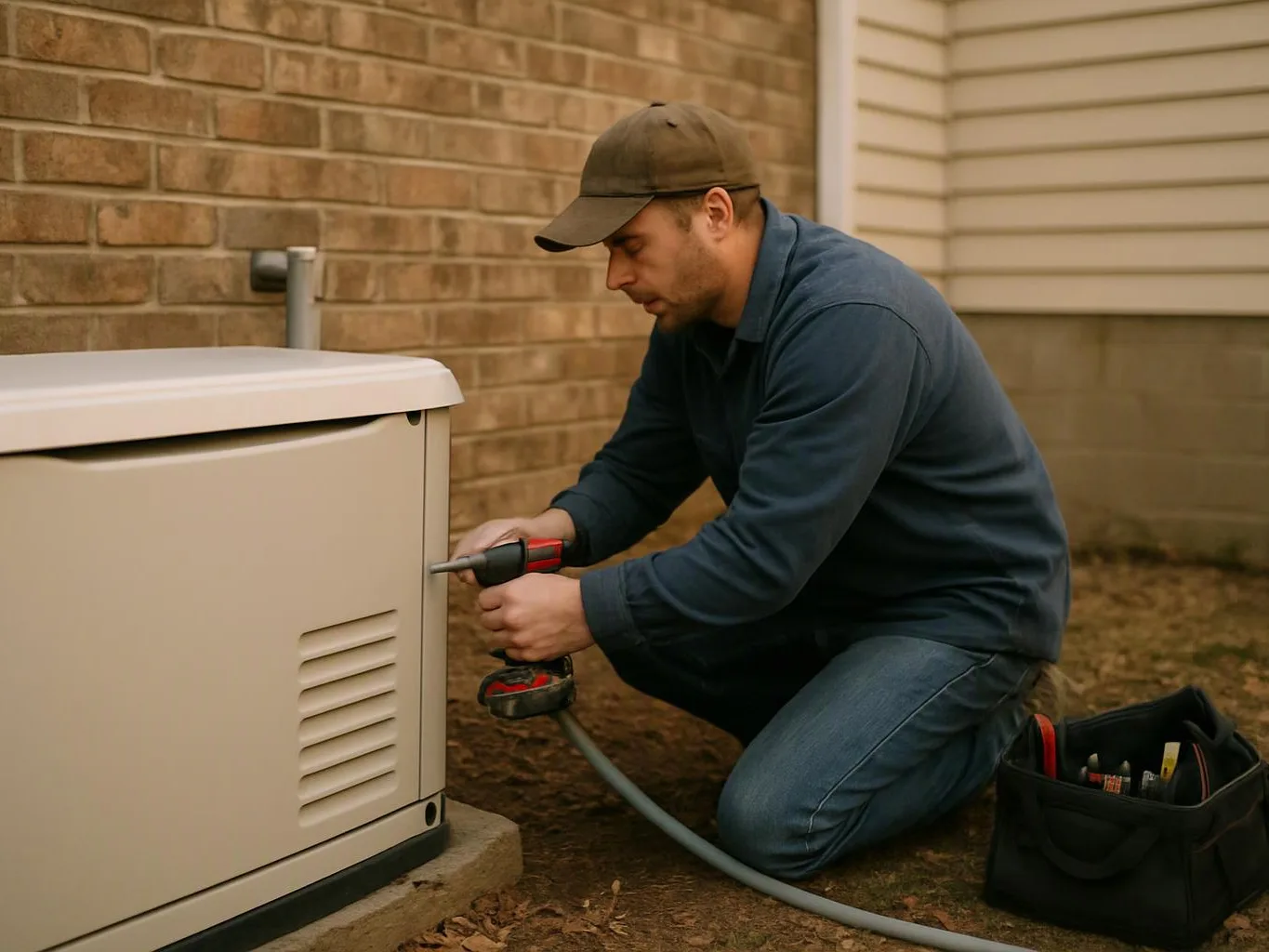 A man kneels beside a generator outside a brick house, using a drill and hose on its panel