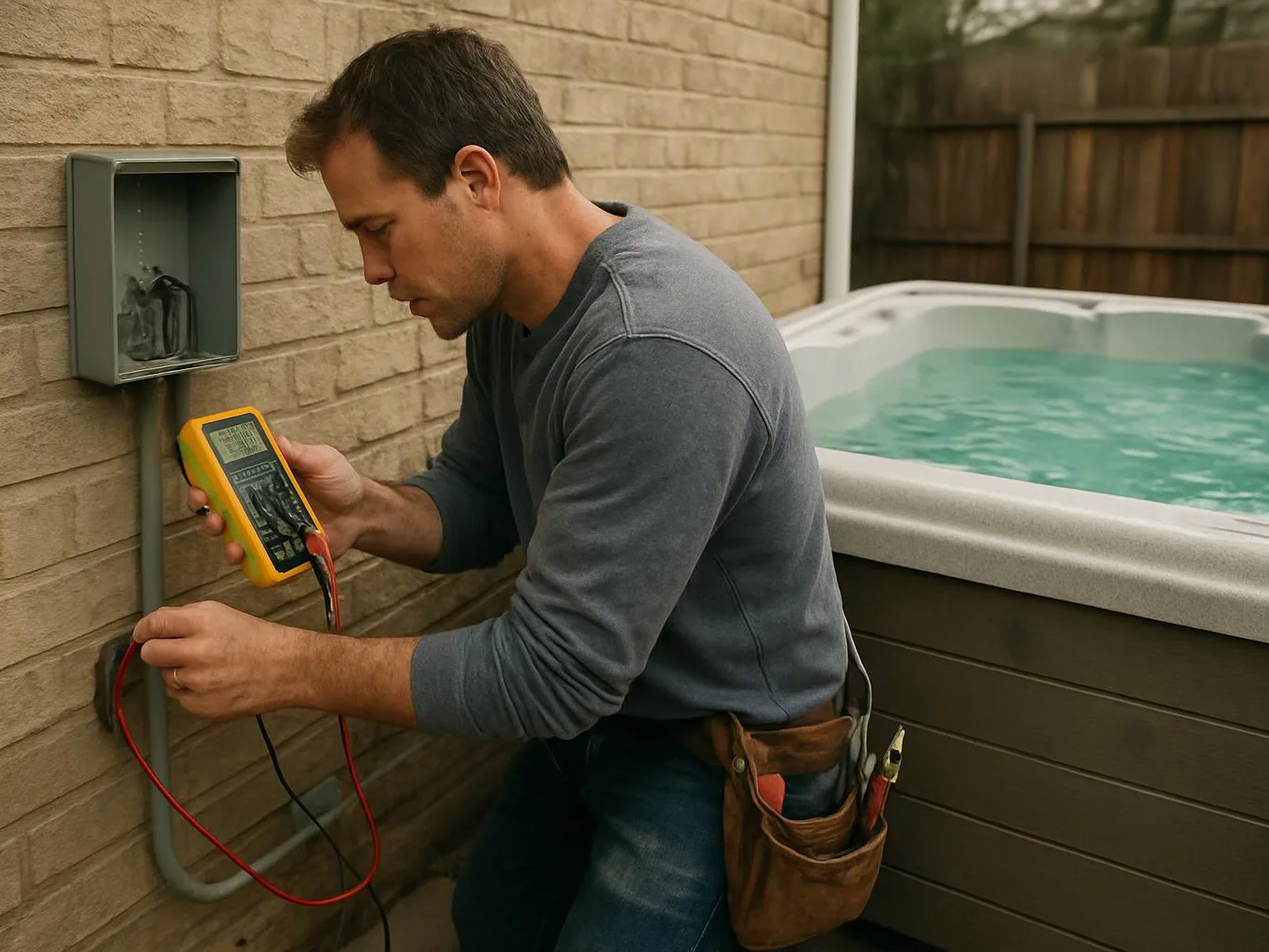 A man kneels beside a hot tub, testing wiring on a brick wall with a yellow meter