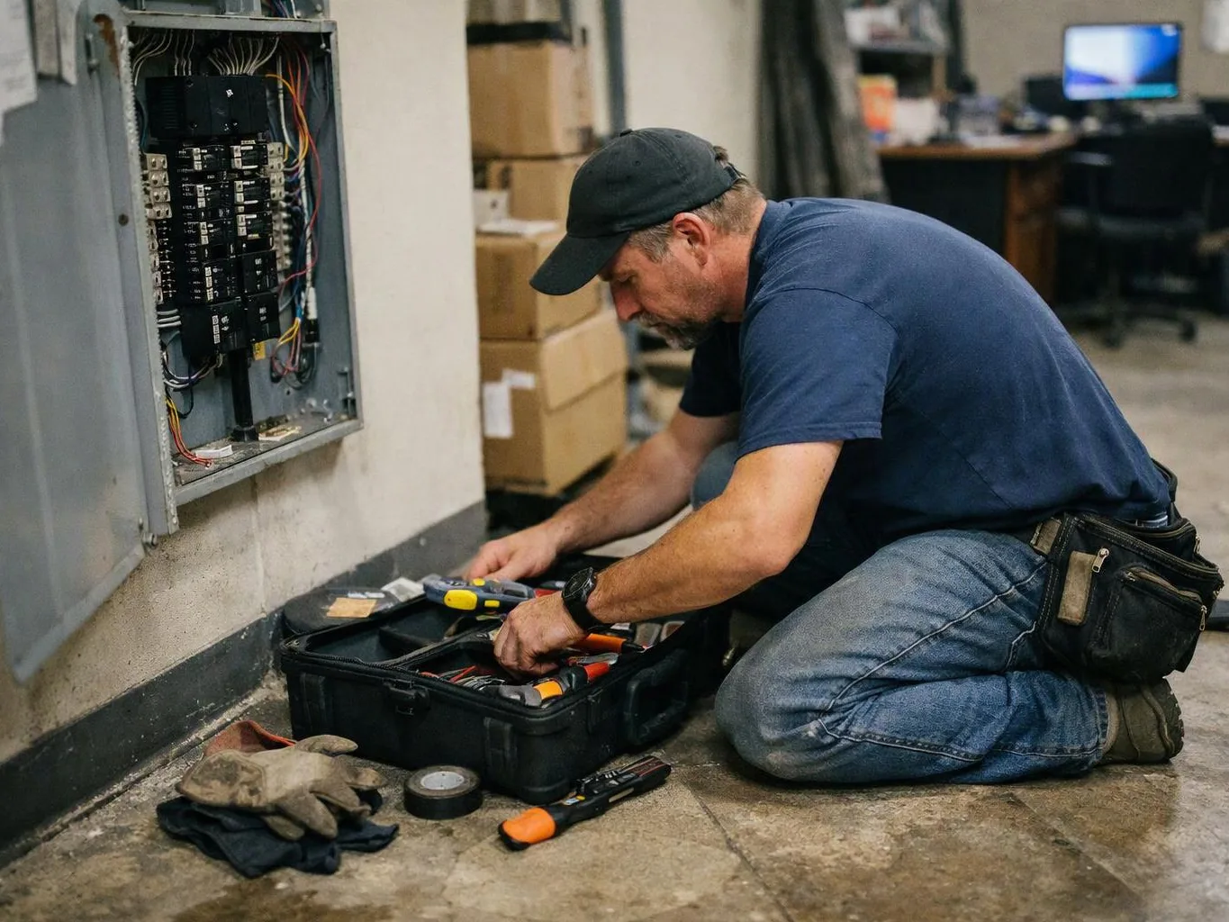 A man kneels beside an open electrical panel, sorting tools from a black case on the floor