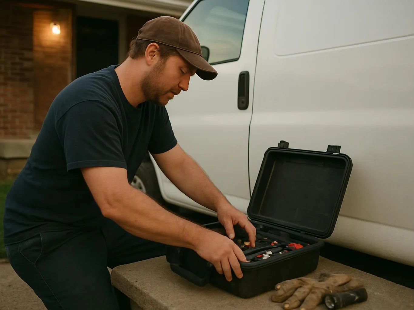 A man kneels beside a white van, sorting tools in an open black case on a concrete step