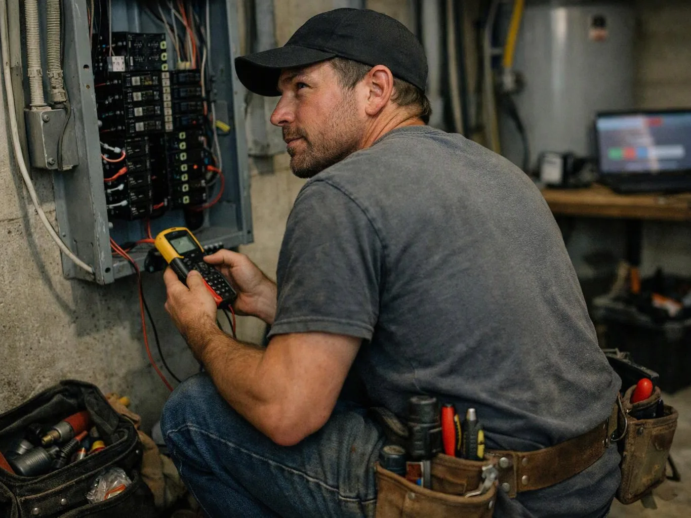 A man kneels by an electrical panel, holding a yellow meter in a workshop with tools nearby