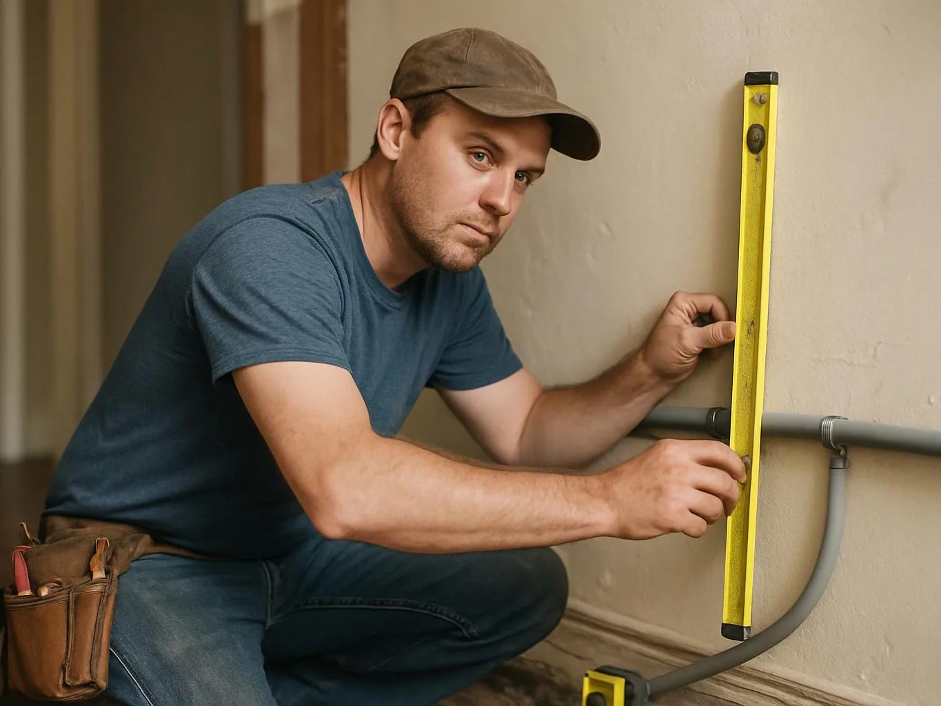 A man kneels indoors, holding a yellow level against a wall beside gray conduit pipes
